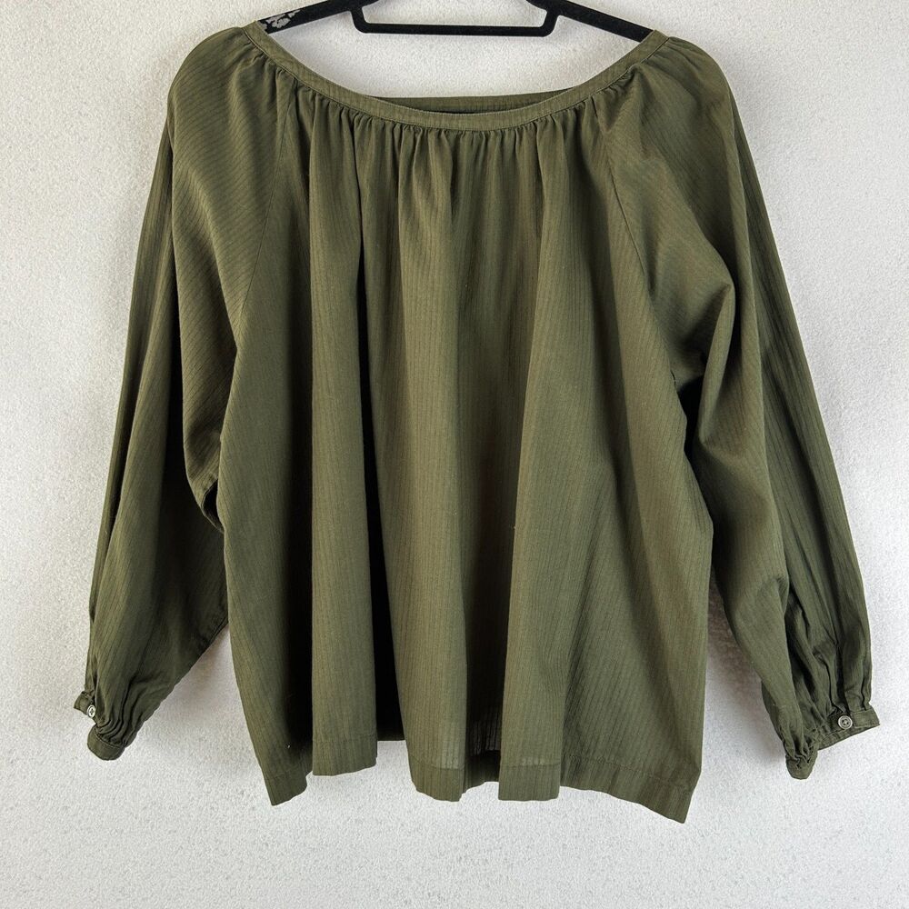 Uniqlo Womens L Olive Green Gathered Scoop Neck Balloon Sleeve Flowy Blouse Top